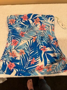 Strapless Tropical Print Tube Top - Blue & Coral Floral